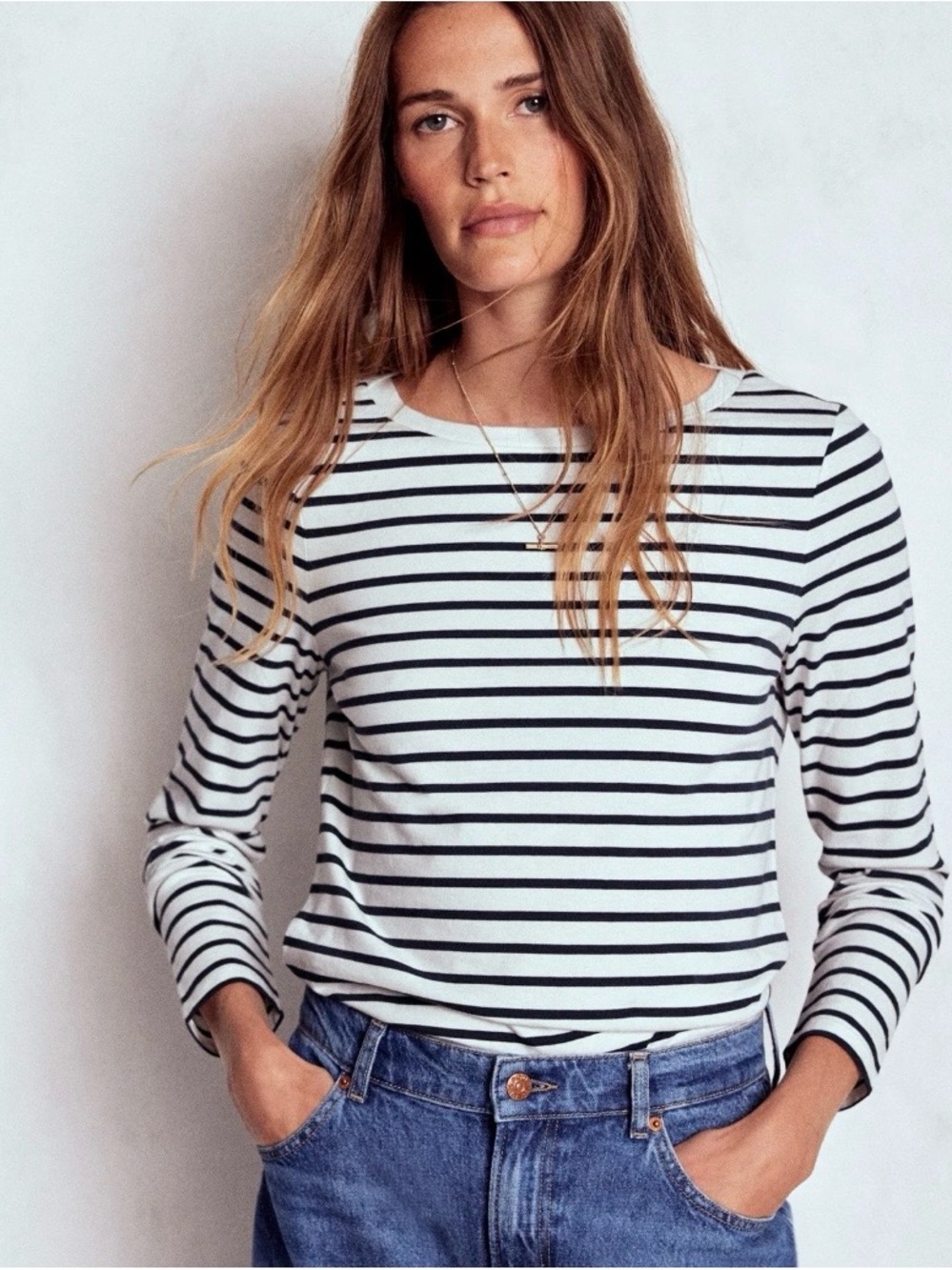 Boden Olivia Long Sleeve Breton Top 20-22 Navy Ivory Striped Cotton Tee Classic